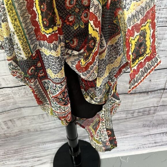 Tahari Dress size Small Orange Blue Gold Floral Paisley Boho Sheer Trapeze Boho - Picture 14 of 16